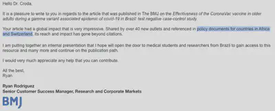 **BMJ** email showing their reconigtion for our publication as a major policy change